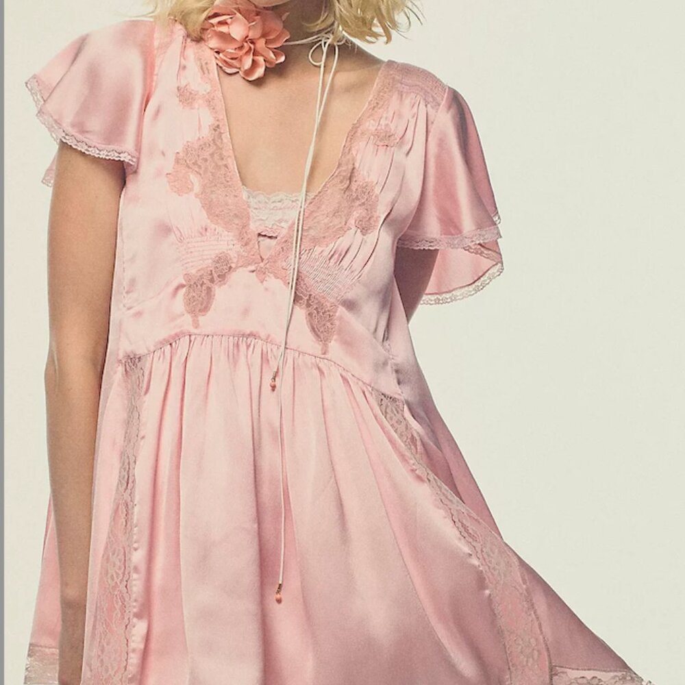NWT Free People Wildest Rose Pink Satin Lace Tunic Babydoll Dress- XL